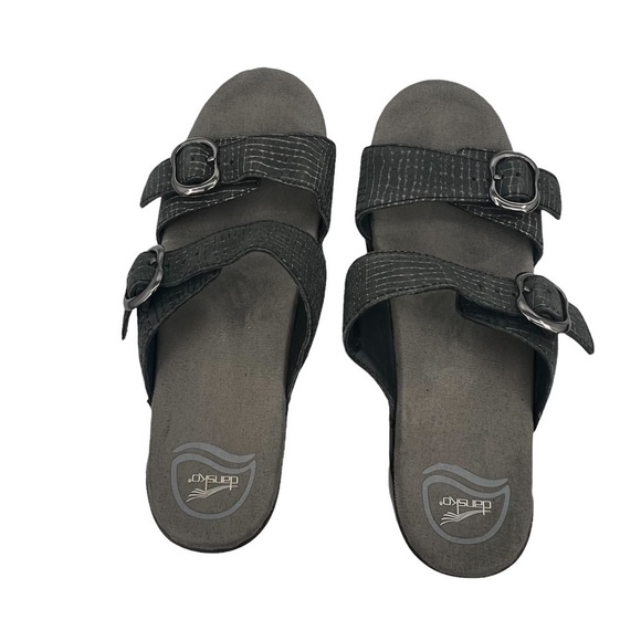 Dansko Sophie Pewter Black Leather Chunk Heel Slide Sandals Size 38 Women's - Picture 4 of 9